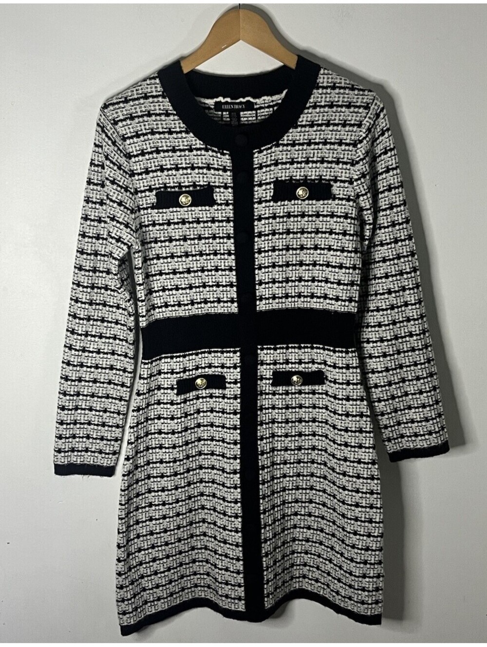 Ellen Tracy Tweed Knit Sweater Dress w Gold Accent Buttons Women’s Size Medium